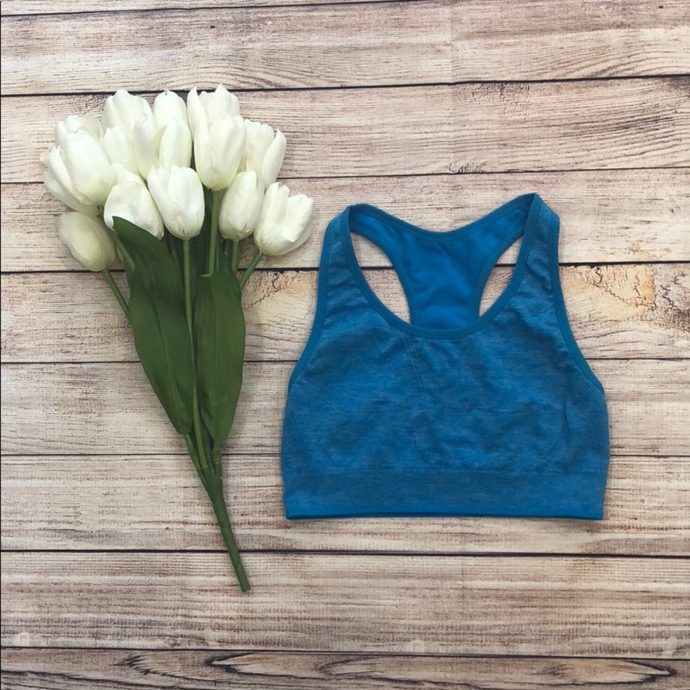 BLUE STRETCH RIBBED SPORTS BRA WITH RACERBACK